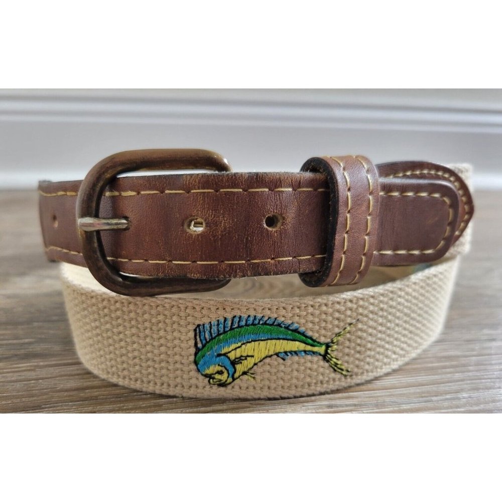 Ocean Rider Mens 34 Beige Surcingle Belt Embroidered Mahi Mahi Preppy 1.25" Wide